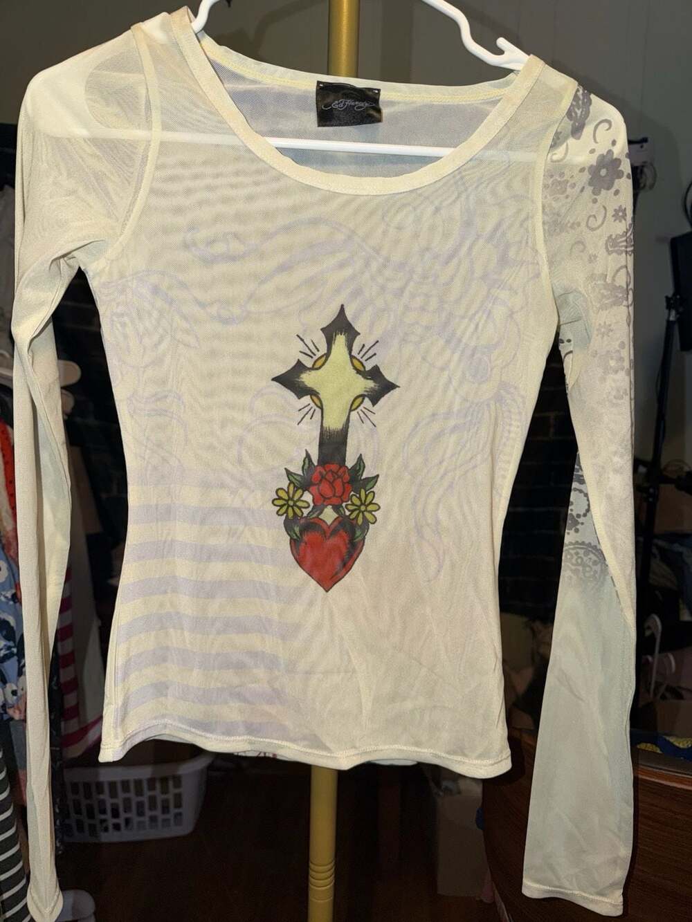 Ed Hardy Cross Heart Long Sleeve Mesh Top